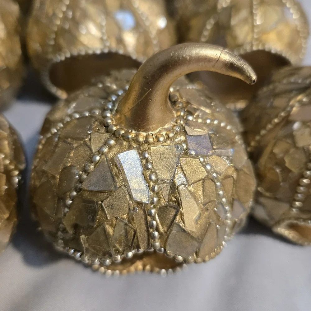 Set of 12 Gold Mosaic Pumpkin Napkin Rings Fall Thanksgiving Table Decor